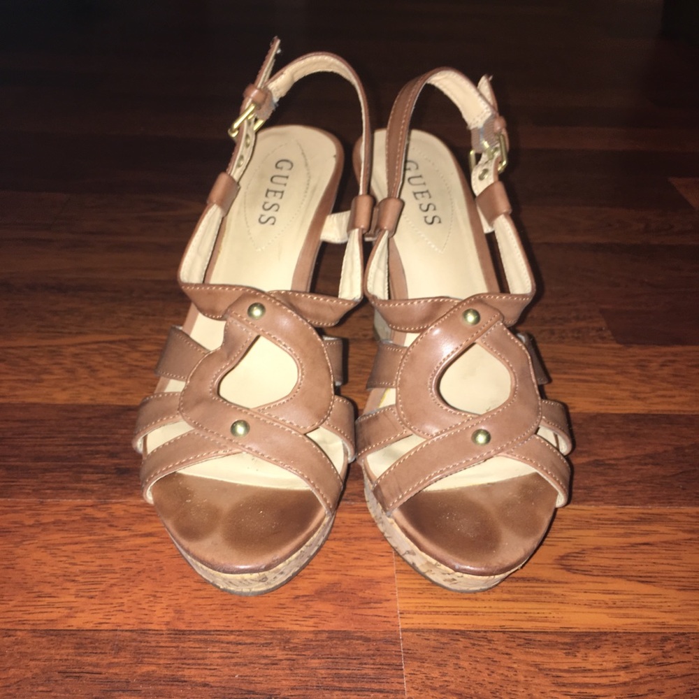 guess brown leather wedges